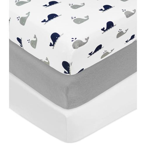 American Baby Company 3 Pack 100% Natural Cotton Fitted Crib Sheets 52" x 28" - Soft, Breathable, Hypoallergenic & Gentle Toddler Bed Sheets, Navy Whale/Gray/White, Neutral for Boys & Girls