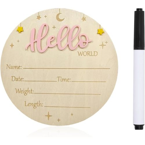 Baby Announcement Sign, 5.9 Inch Wooden Hello World Newborn Sign