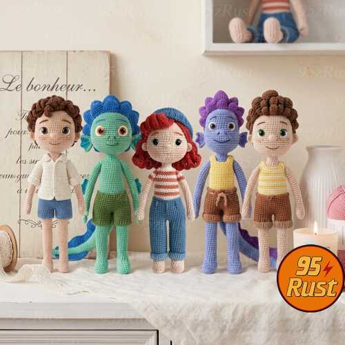 Luca and Alberto Crochet Doll Set, Disney Sea Monster Amigurumi, Movie Character Figures, Handmade Fiber Art, Amigurumi Art Toy