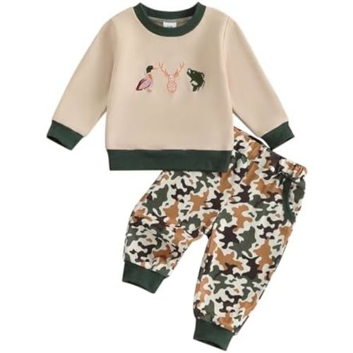Toddler Baby Boy Fall Winter Clothes Retro Embroidery Duck Hunting Sweatshirt Pullover Camo Pants Outfits