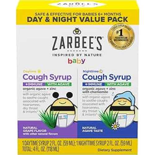 Zarbee's Baby Daytime & Nighttime Cough Syrup + Immune with Organic Agave + Zinc, Daytime Cough Syrup, Grape, & Nighttime Cough Syrup with Chamomile, Agave Taste, Two Pack, 2 x 2 fl. oz