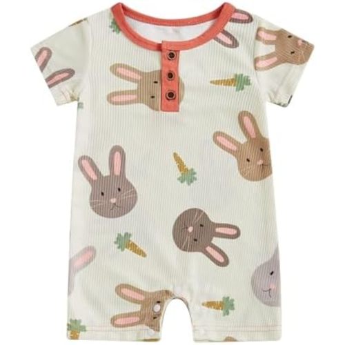 Lamuusaa Newborn Baby Boy Easter Outfit Short Sleeve Bunny/Easter Egg Romper Button Ribbed Bodysuit Jumpsuit Summer Clothes