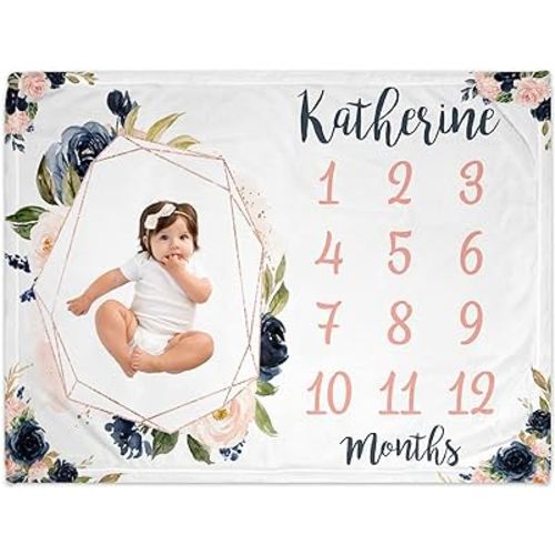 Girls Love A Monogram - Personalized Floral Navy & Blush Baby Monthly Milestone Blanket Girl - Custom Baby Milestone Blanket for Baby Girl - Monthly Baby Milestone Blanket