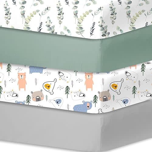 bimocosy Fitted Crib Sheets for Boys Girls 4 Pack, Size 28"x 52" for Standard Crib and Toddler Mattresses, Super Soft Breathable Microfiber Baby Crib Mattress Sheet, Leaf/Bear/Gray/Green