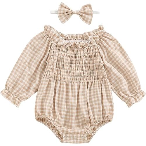 Baby Girls Ribbed Romper Outfits Ruffle Sleeve Bodysuit with Plaid Romper Dress One Piece Bubble Playsuit+Headband