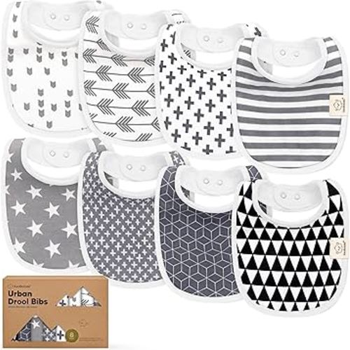 8-Pack Organic Baby Bibs for Boys, Girls - Soft Cotton Drooling and Teething Bibs for Baby Girl & Boy, Extra Absorbent, Easy To Clean & Put On for Toddler, Newborn, Infant 0-24 Months(Grayscale)