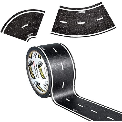 PlayTape Road Tape and Curves for Toy Cars - 1 Roll of 60 ft. x 2 in. Asphalt Road + 1 Roll of 36 Curves
