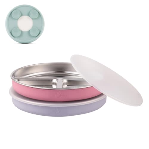 Elk and Friends Stainless Steel Divided Plates with Silicone Sleeve for Babies & Toddlers | Lids Included | Stay Put Suction | Dinner & Snack Plates | 2 Pack