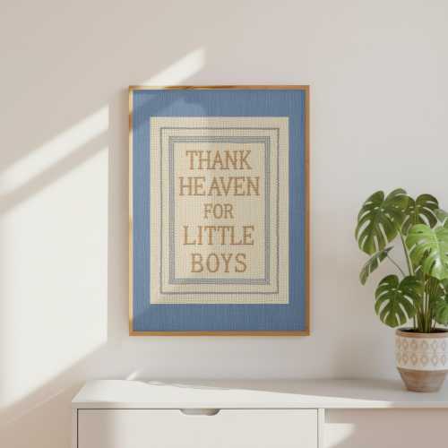 Thank Heaven for Little Boys Embroidered Wall Art, Vintage Cross Stitch Nursery Print, Christian Baby Boy Room Decor, Baby Shower Gift