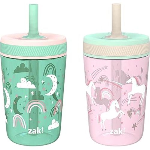 Zak Designs Kelso Toddler Cups For Travel or At Home, 15oz 2-Pack Durable Plastic Sippy Cups With Leak-Proof Design is Perfect For Kids (Fanciful Unicorn, Happy Skies)
