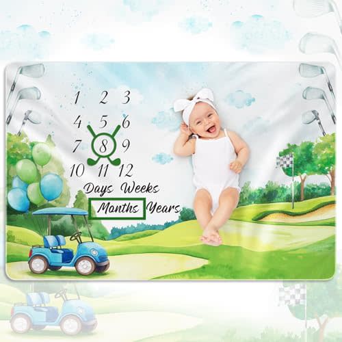 Nuanchu Baby Monthly Milestone Blanket Baby Girl Boy 60" x 40" Soft Fleece First 12 Months Growth Chart Newborn Photography Background Baby's First Year Milestone Blanket Nursery Decor(Golf)