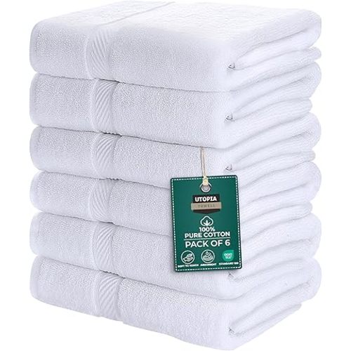 Utopia Towels 6 Pack Medium Bath Towel Set, 24 by 48 Inches, 500 GSM 100% Ring Spun Cotton, Lightweight and Highly Absorbent Quick Drying Premium Towels for Hotel, Spa and Bathroom, White