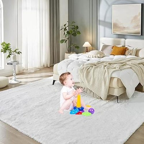 Floralux Bedroom Rug 8x10, Large White Shag Rugs, Soft Fluffy Shag Area Rug for Living Room, Plush Modern Floor Carpet for Boys Girls Room, Dorm Home Decor Aesthetic