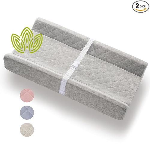 Organic Cotton Contoured Baby Changing Pad w/Waterproof Foam Mattress, Includes Soft, Removable & Washable Cover, Safety Strap, Non-Slip Bottom, Topper for Standard Size Infant Diaper Table & Dresser