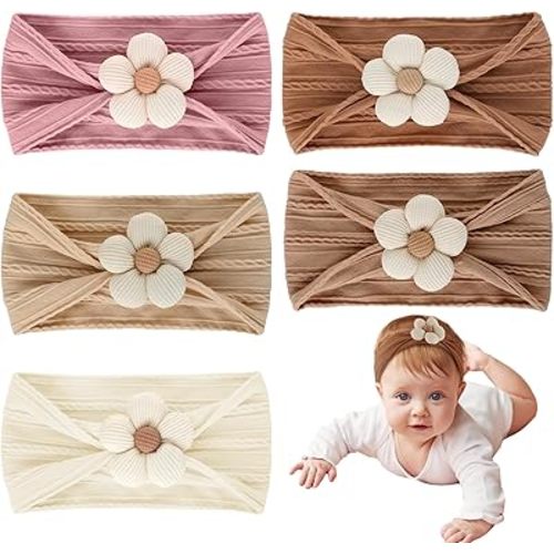 5 Pcs Baby Flower Headbands, Soft Baby Girl Headbands Nylon Headbands for Baby Girls Baby Shower, Flower Hair Accessories for Newborns Infant Toddler