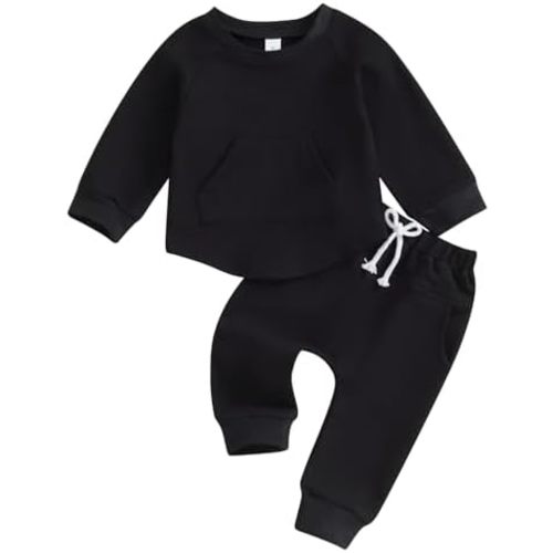 Thorn Tree Toddler Baby Boys Fall Outfits Long Sleeve Pull On Sweatshirt Elastic Waist Pants 2Pcs Solid Clothes Set