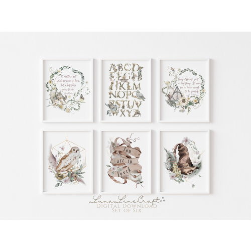Set of Six Magical Wizard School Prints | Neutral Floral Watercolor Printable Wall Art | Whimsical Nursery Print Set | Digital Download S602