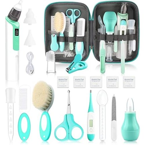 Baby Grooming Kit, Infant Safety Care Set with Baby Electric Nose Aspirator，Baby Hair Brush Comb Nail Clipper Nasal Aspirator,Baby Essentials Kit for Newborn Girls Boys (21 Pc Green Kit)