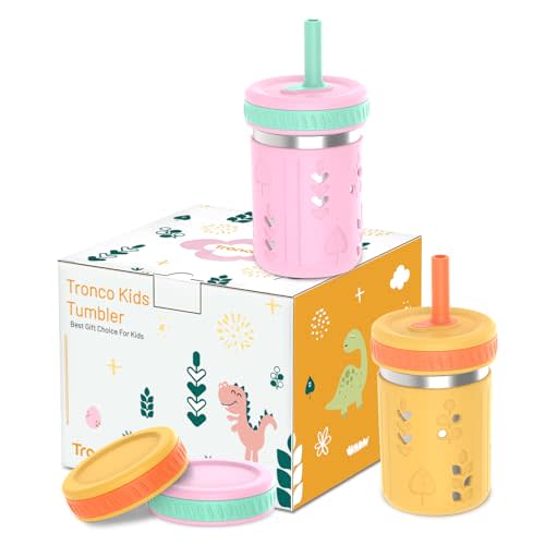 Tronco [2 Pack] 10 oz 2-in-1 Stainless Steel Kids Tumbler Cups with Silicone Sleeves, Spill-Resistant Flexible Straws & Storage Lids, BPA-Free Smoothie and Snack Cups, Dishwasher Safe