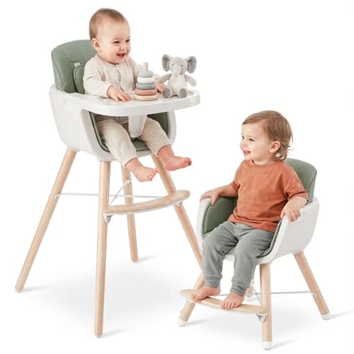 Mallify 3-in-1 Wooden High Chair, Convertible High Chairs for Babies and Toddlers, Baby Highchair with Adjustable Legs & Dishwasher-Safe Tray, Sleek Hardwood & Premium PU Cushion, Green