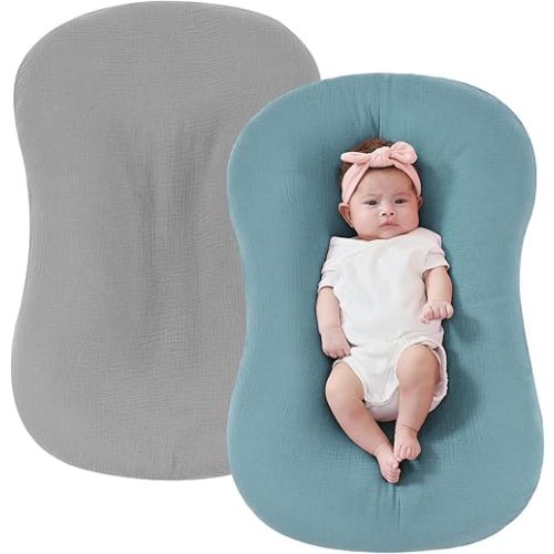 FUNUPUP Muslin Baby Lounger Cover Compatible with Snuggle Me Lounger, Infant Lounger Pillow Cover for Newborn, Removable Newborn Lounger Cover for Boys and Girls, Grey & Blue