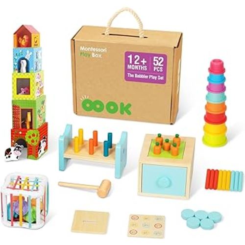 Montessori Toys for 1 Year Old, 7 in 1 Learning Educational Kit with Baby Stacking Cups, 3 in 1 Educational Box, Toddler Stacking Toys Nesting Box, Pounding Bench and Baby Sensory Sorter Toy.