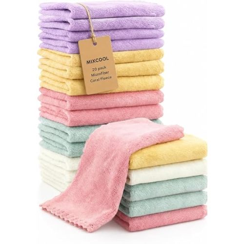 20 Pack 10x10 Inches Microfiber Coral Fleece Baby Washcloths,Extra Absorbent,Soft Wash Clothes,Bath Face Towel for Newborn,Infant and Toddlers (Muticolor)