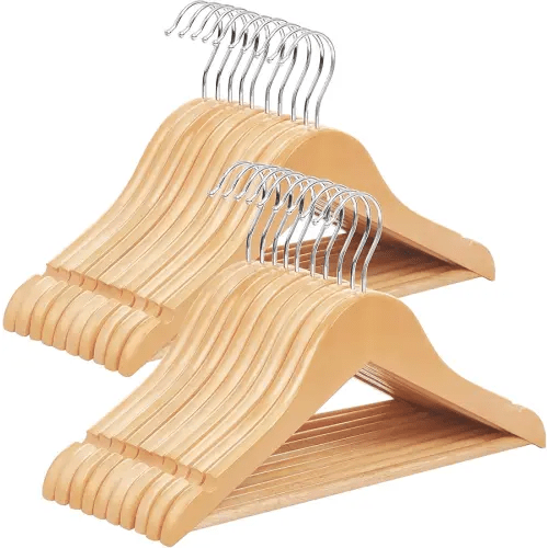 SONGMICS Kids Wooden Hangers 20 Pack, Solid Wood Baby Hangers, Children's Coat Hangers with Pants Bar, Shoulder Notches, Swivel Hooks, 12.6 x 7.5 Inches, Natural and Silver UCRW06NL