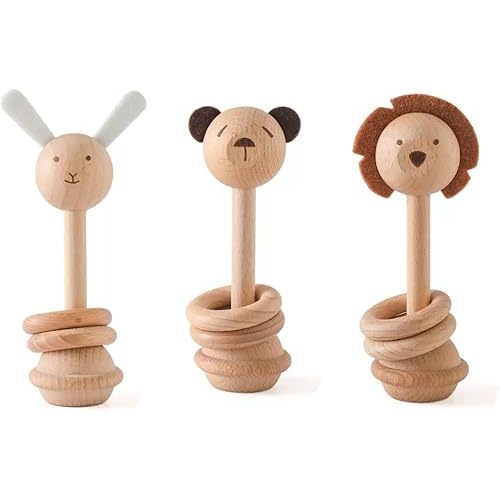 Wooden Baby Rattle & Teether 3 Pcs Montessori Toy for Babies, Lightweight & Safe Wooden Rattle Newborn Infant Baby Gifts (Ring*1)