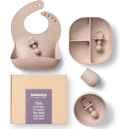 SAMiGO Silicone Baby Feeding Set, Suction Plate Bowl Set, Self Feeding Spoons, Bib, Cup, Baby Led Weaning Supplies, First Stage Feeding Essentials, Food Eating Utensils, 6+ Months