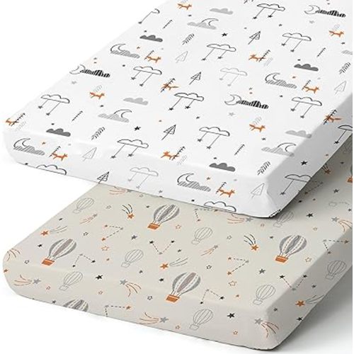 Pack n Play Sheets, BROLEX 2 Pack Mini Crib Sheets,Stretchy Portable Fitted Playard Sheet Set, Convertible Playard Mattress Cover,Ultra Soft Breathable Material,Starsmoon Balloon