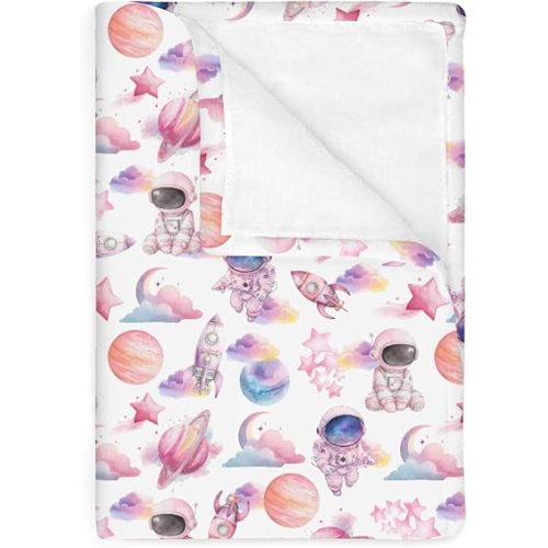 Watercolor Outer Space Baby Blankets for Boy Girl Cute Astronaut Rocket Planet Moon Soft Flannel Nursery Bed Blanket for Infant Toddler Crib Pastel Cosmos Swaddle Receiving Blanket Pink 30x40inch