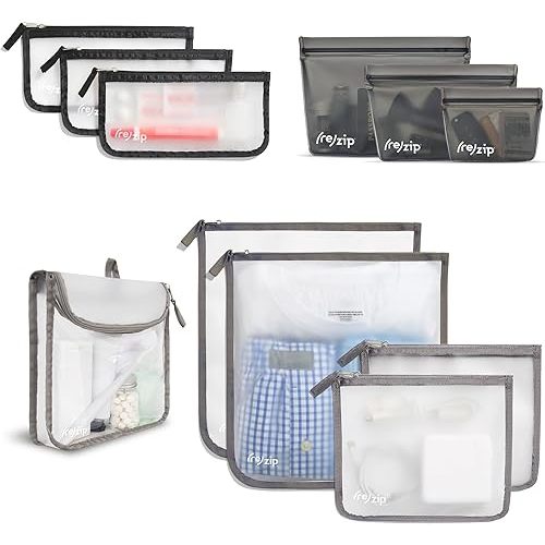 (re)zip 11-Piece Travel Organization Kit | TSA-Compliant Travel Quart, Small, Medium, & Large Zippered Bags, and 3 Leakproof Stand Up Bags |For Documents, Toiletries, Snacks & More