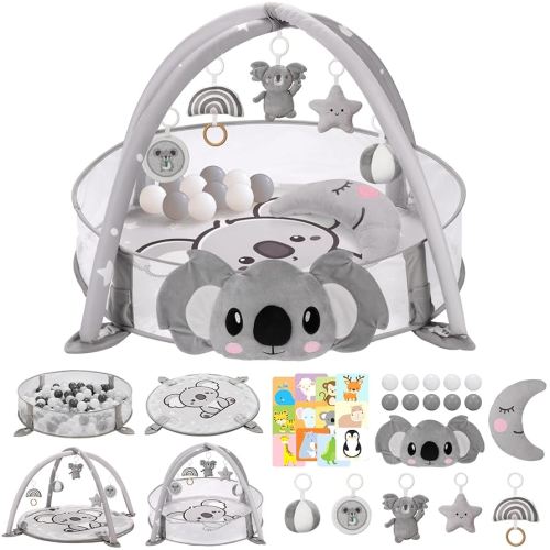 7-in-1 XL Large Baby Play Gym Mat, Tummy Time Mat, Baby Activity Mat, Baby Gym & Ball Pit with Tummy Time Pillow, 10 Balls, Milestone Cards & 5 Detachable Toys Grey Koala