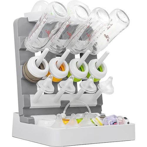 Baby Bottle Drying Rack, Vertical Standing Bottle Drying Rack Holder-Space Saving Baby Bottle Organizer for Countertop-Holds Up to 12 Baby Bottles & Pump Parts (White & Dark Gray)