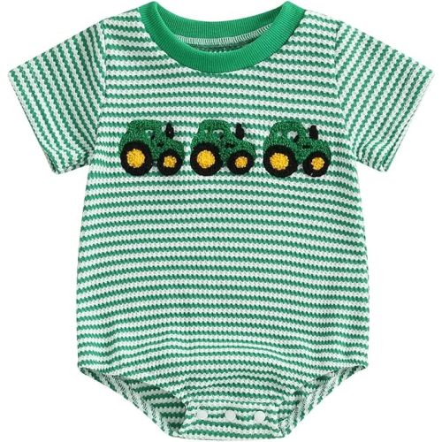 Newborn Baby Boy Girl Summer Outfit Striped Bubble Romper Waffle Farm Tractor Short Sleeve Bodysuit Country Clothes