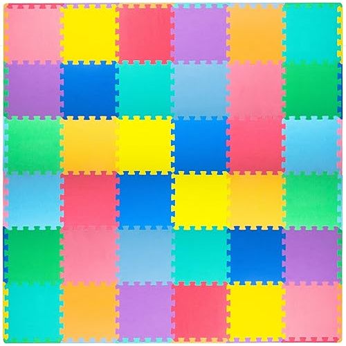 ProSource Foam Puzzle Floor Play Mat for Kids and Babies with Solid Colors, 36 or 16 Interlocking Tiles with Borders, Assorted