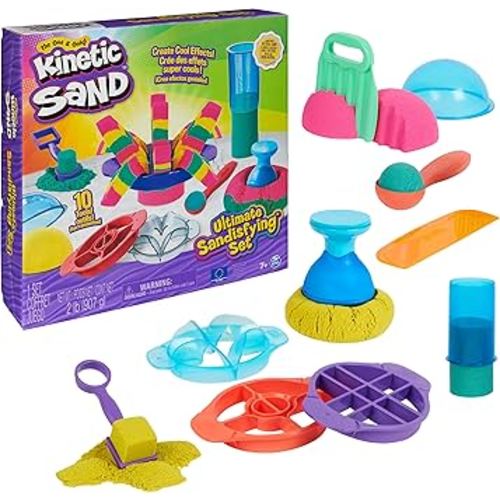 Kinetic Sand Ultimate Sandisfying Set, 2lb of Pink, Yellow and Teal Play Sand, 10 Molds and Tools, Sensory Toys for Kids Ages 7+