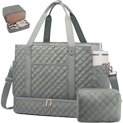 LOVEVOOK Large Travel Duffle Bag for Women, 45L Weekender Bags with Shoe Compartment & Wet Pocket, Quilted Carry On Personal Item Bag, Overnight Hospital Bags for Labor Delivery Green