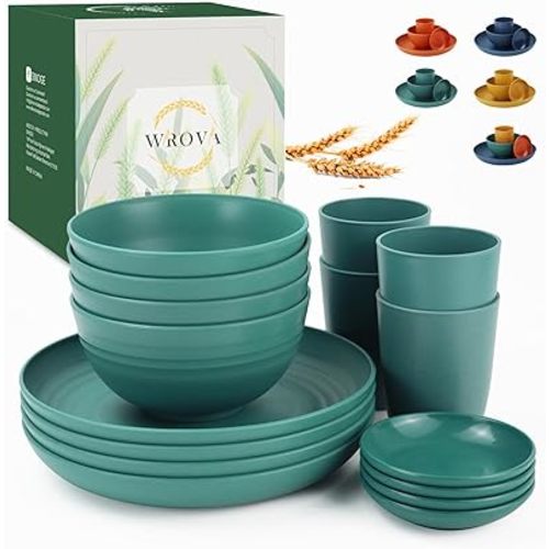 Wheat straw plates and bowls set of 16 - Unbreakable wheat straw dinnerware sets for kids - Alternative plastic dinnerware set service for 4 - Microwave safe and Dishwasher safe bowls. Green