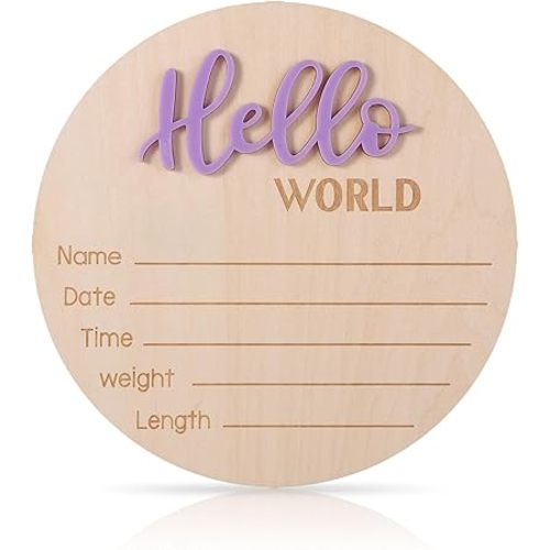 Newborn Announcement Sign, 5.9in Wooden Hello World Sign Baby Welcome Sign Birth Baby Name Plaques for Newborn Boys and Girls Photo Props Baby Shower Hospital Nursery (Light Purple)