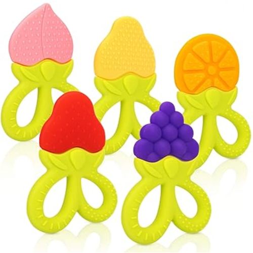 SHARE&CARE BPA Free Silicone Fruit Baby Teether Toys Baby Teething Toys with Storage Case, for 3 Months Above Infant Sore Gums Pain Relief(5 Scissor Hanlde)