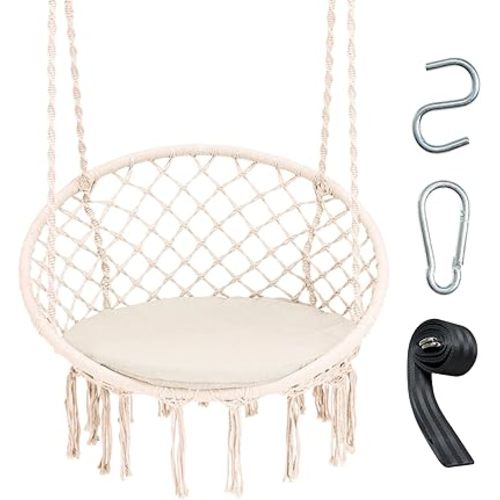 Giantex Hammock Chair Macrame Swing - Hanging Chair with Cushion and Hardware Kit, 330 LBS Weight Capacity, Indoor Swing for Hammock Stand, Patio, Balcony, Living Room Hammock Swing (Beige)