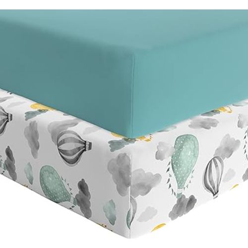Featherhead™ 2-Pack Fitted Crib Sheets - 100% Cotton - 52" x 28" x 9" for Standard Crib and Toddler Mattress (Percale Green Balloons)
