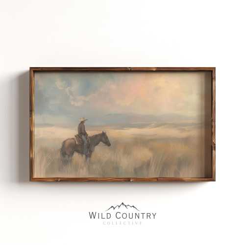 Western Cowboy Oil Painting Art Print, Montana Wall Art, Vintage Cowboy Poster, Country Western Wall Art, Countryside Print, Sunset Painting
