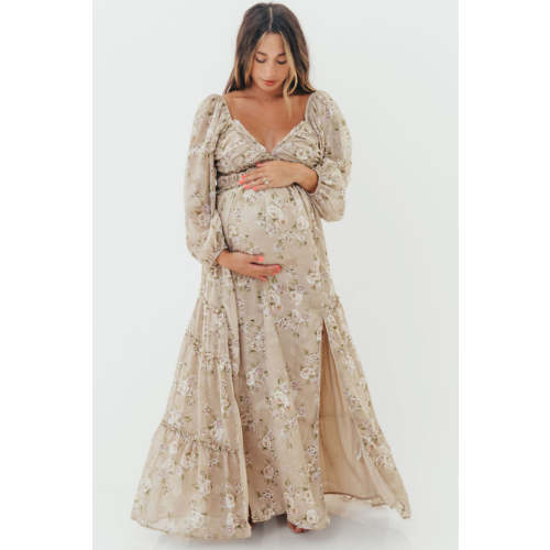 Daphne Long Sleeve Maxi Dress in Beige/Multi Floral - Bump Friendly & Inclusive Sizing (XS-3XL)