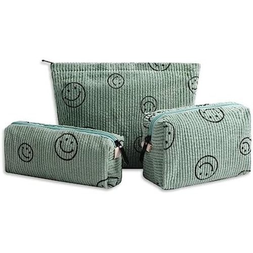 Cosmetic Bags for Women - Corduroy Cosmetic Bag Aesthetic Women Handbags Purses Smile Dots Makeup Organizer Storage Makeup Bag Girls Case Bags (3PCs Green)