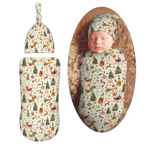Muishi Vintage Santa Claus in Reindeer Newborn Swaddle Blankets Hat Sets Soft Baby Receiving Blanket Swaddle Sack for Baby Shower Infant Boy Girl Gift