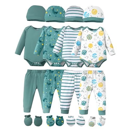 NZRVAWS Newborn Baby Boy Clothes Infant Romper Pants Set Hat 4-Pack Outfits 0-12 Months 16 Pieces Gift Toddler Girl Unisex