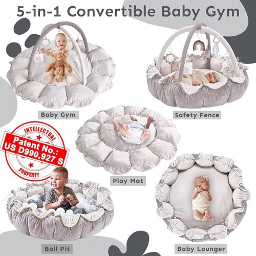 5-in-1 Thick & Plush Baby Play Gym, Baby Play Mats for Floor, Tummy Time Mat with 6 Toys, Cat Bed, Dog Bed, Convertible Stage-Based Developmental from Baby to Toddler, Ball Pit, Pet Cushion - Grey